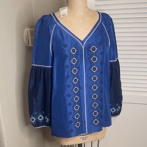 Tory Burch Royal Blue silk Embroidered Blouse sz10